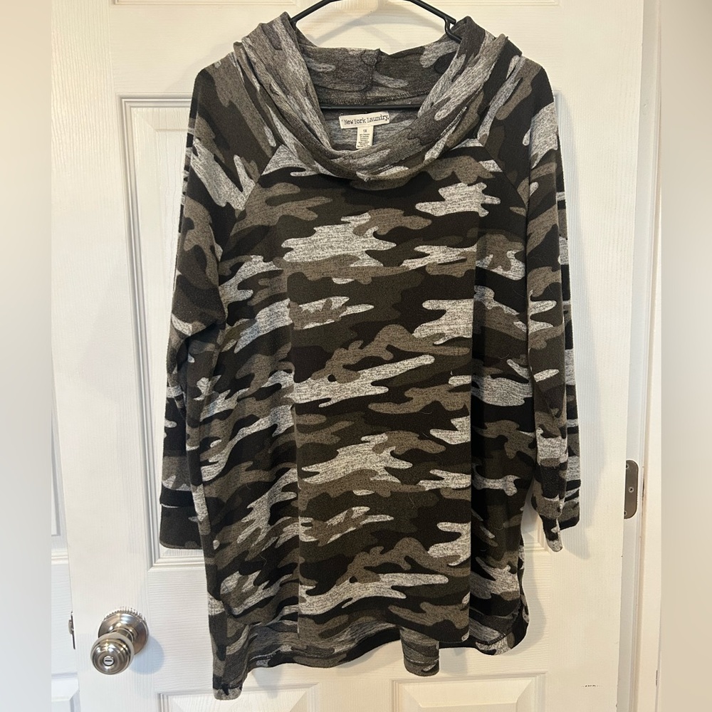 New York Laundry Gray Camouflage Cowl Neck Top